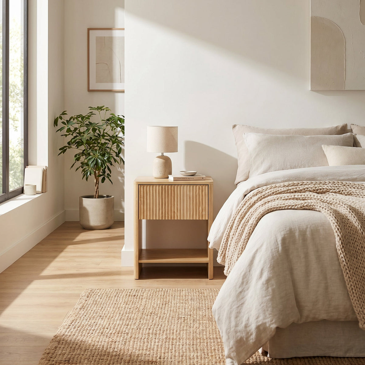 Light oak Japandi bedside table styled in a sunlit neutral bedroom beside a bed with linen bedding and chunky knit throw