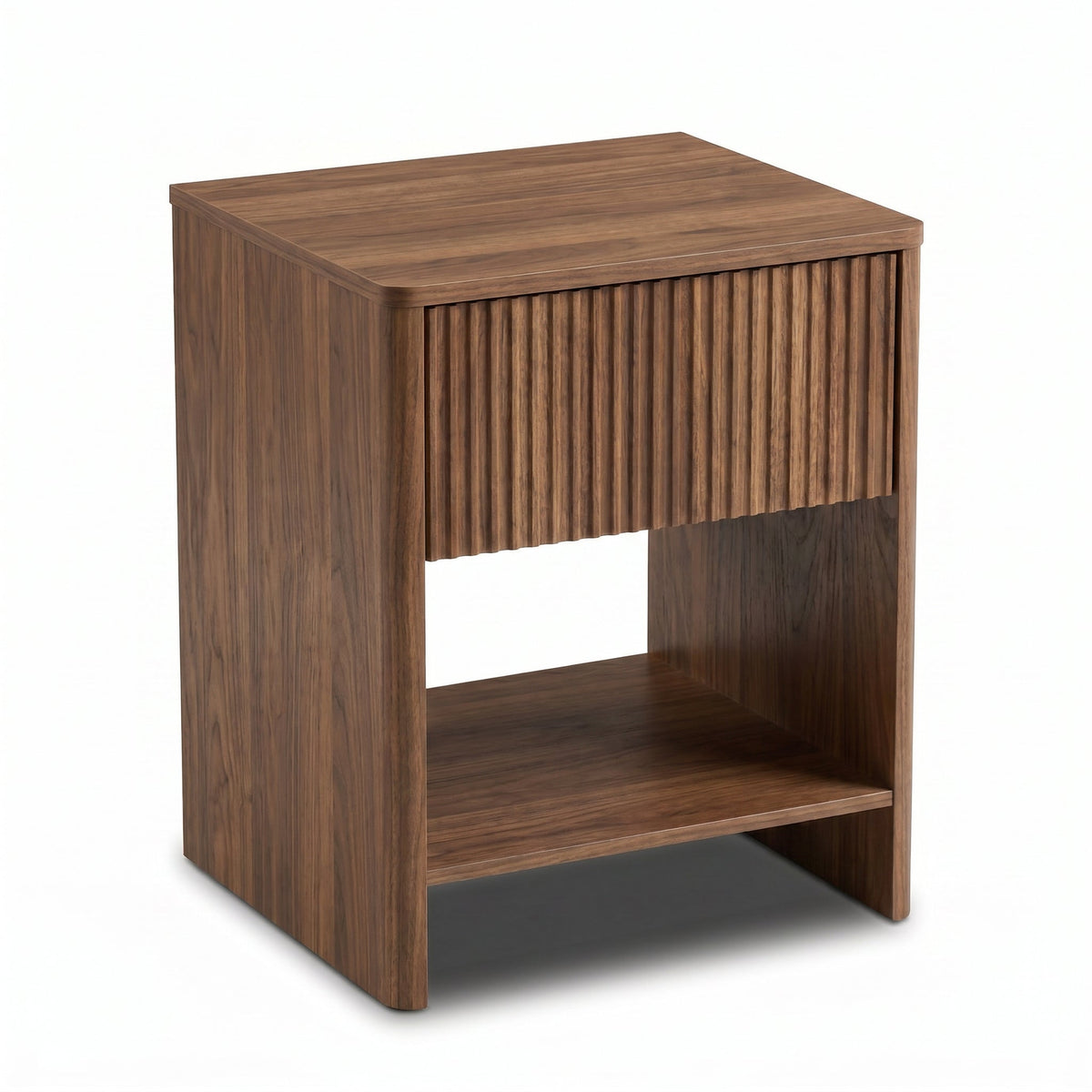 Walnut finish nightstand with ribbed drawer front and open lower shelf, three-quarter angle view on white background