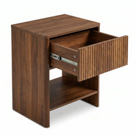 Walnut nightstand drawer pulled open revealing metal ball-bearing slides, interior depth, and open lower shelf below