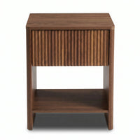 Walnut nightstand front view showing vertical ribbed drawer front and open lower shelf, white background
