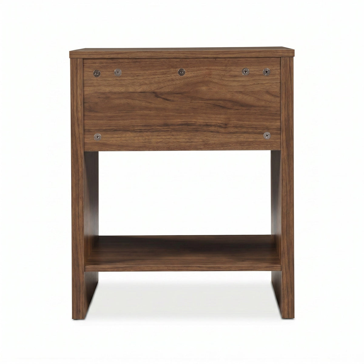 Walnut nightstand rear view showing visible screw fixings on drawer back panel and open lower shelf, white background