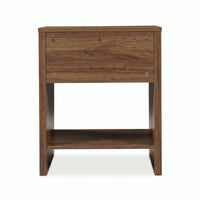 Walnut nightstand rear view showing visible screw fixings on drawer back panel and open lower shelf, white background