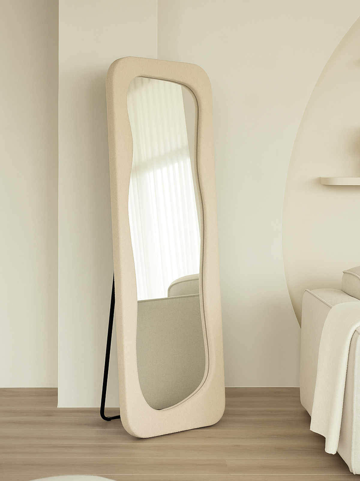 Felis standing mirror in teddy white, leaning against wall on metal support stand, wavy glass visible, bedroom lifestyle s…