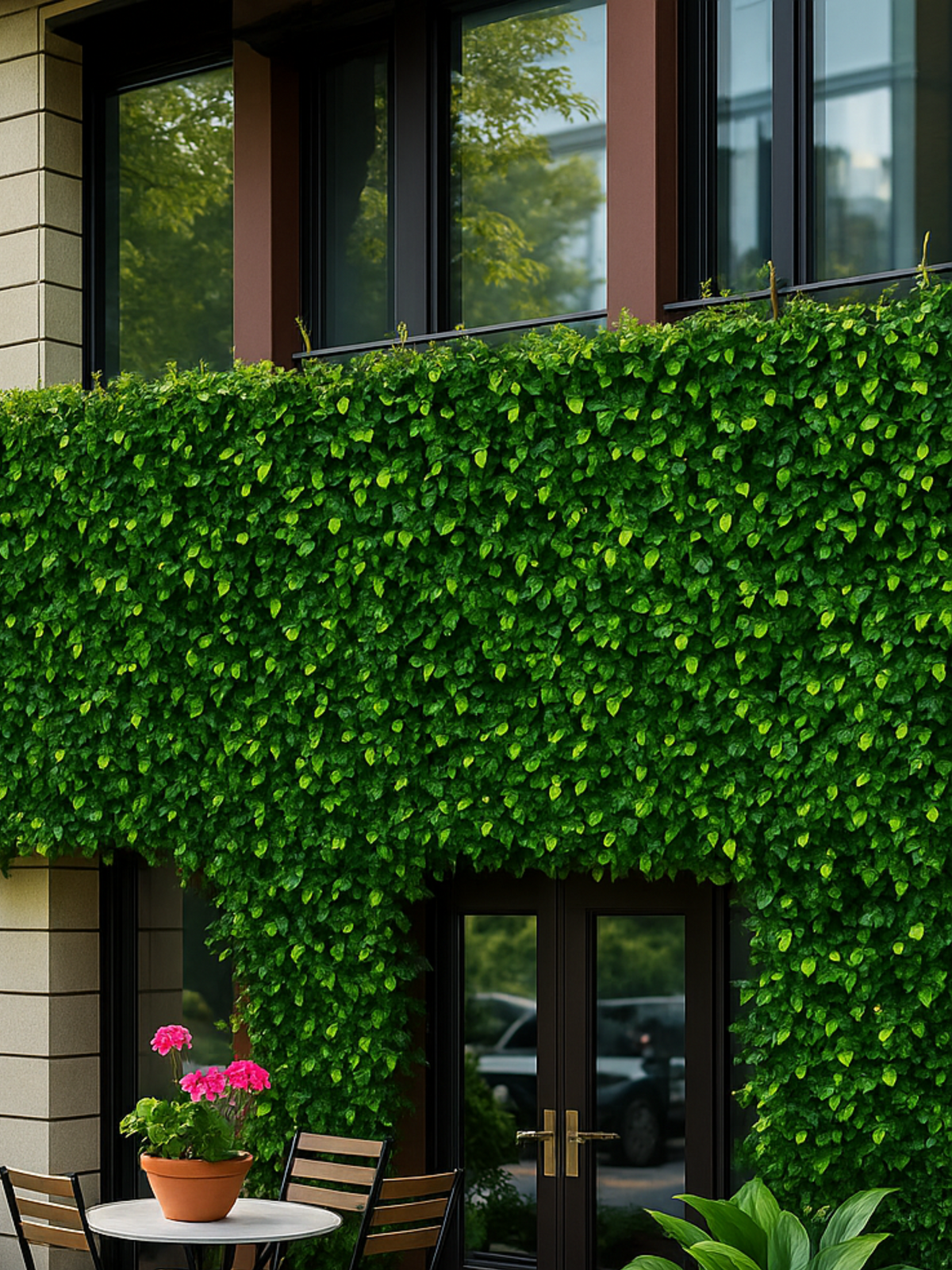 Artificial ivy-leaf hedge panels covering a building exterior wall around windows and a doorway, with outdoor café seating…