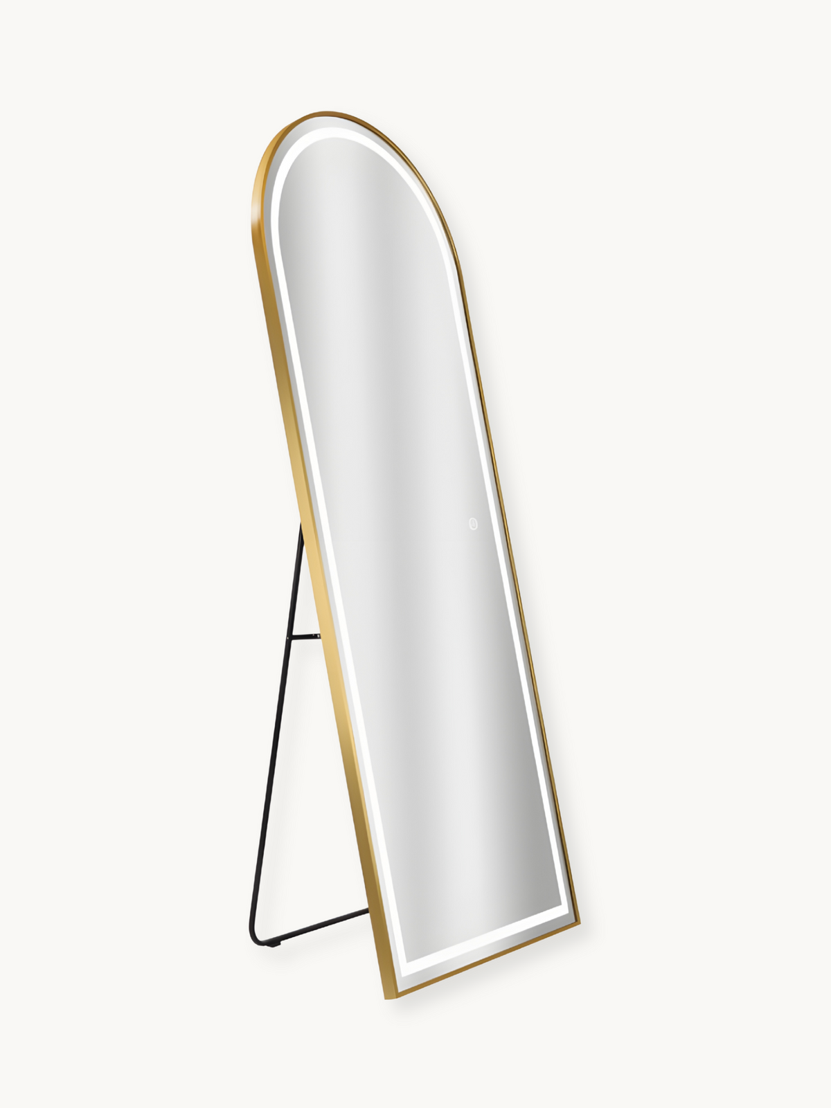 Gold arched full-length LED mirror on black easel stand, angled three-quarter view, white backlight visible, plain background