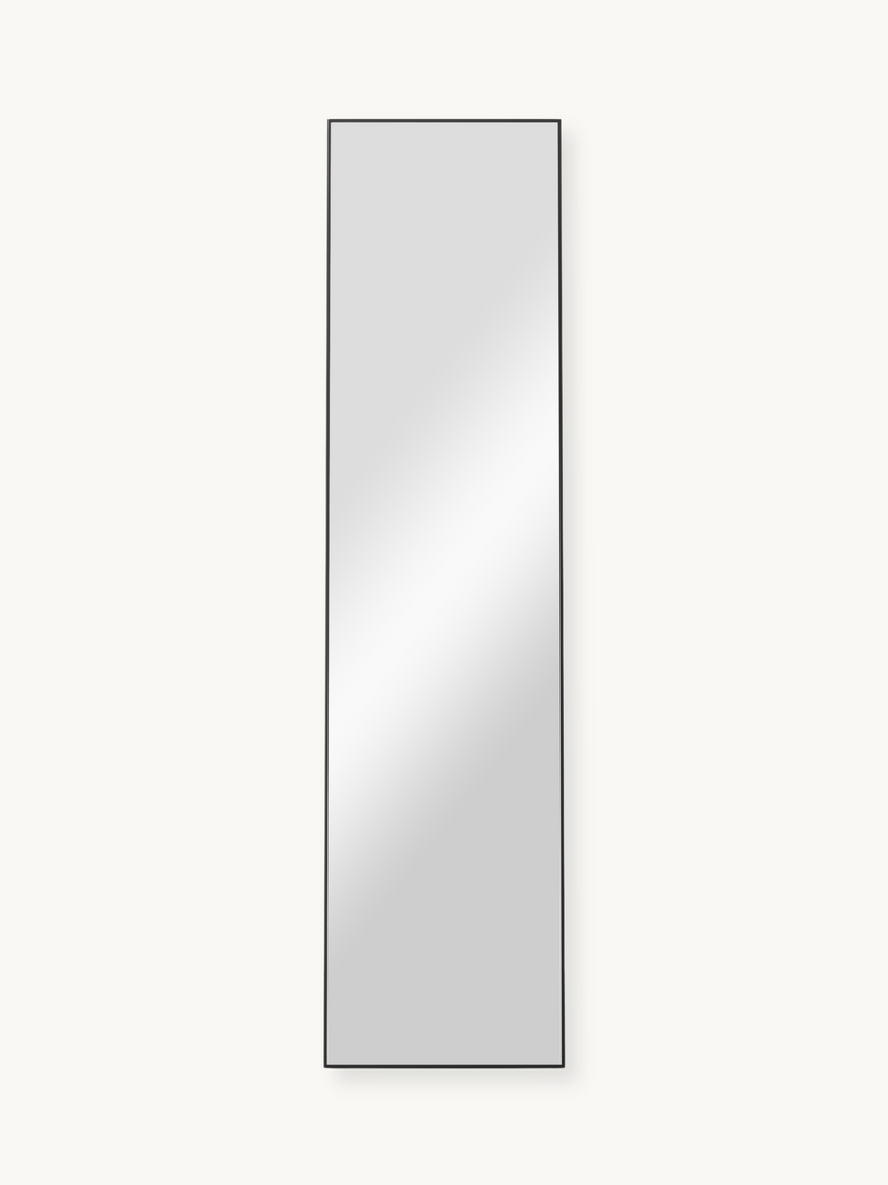 Tall narrow full-length mirror with slim black aluminium frame, shown front-on against a white background