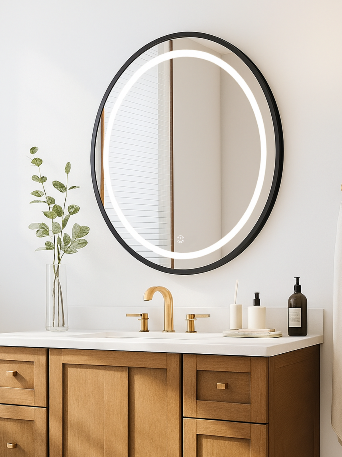 Round LED bathroom mirror with black frame above oak vanity and gold faucet, glowing white backlight ring visible, lifesty…