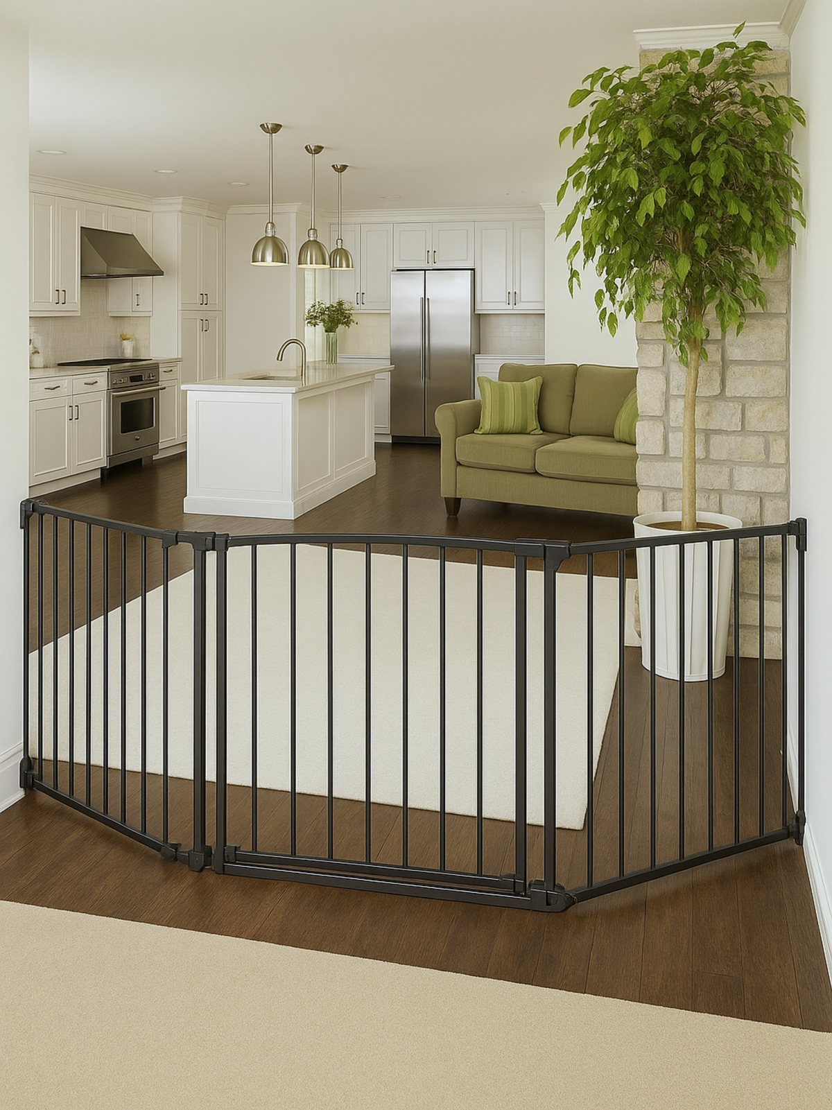 Black metal freestanding safety gate configured in a curved enclosure on hardwood floor, lifestyle view in open-plan livin…