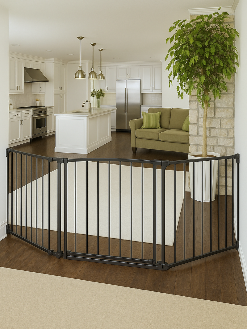 Black metal freestanding safety gate configured in a curved enclosure on hardwood floor, lifestyle view in open-plan livin…