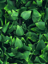Close-up of artificial ivy-leaf panel surface showing dense layered green leaves with small faux berry clusters and dark g…