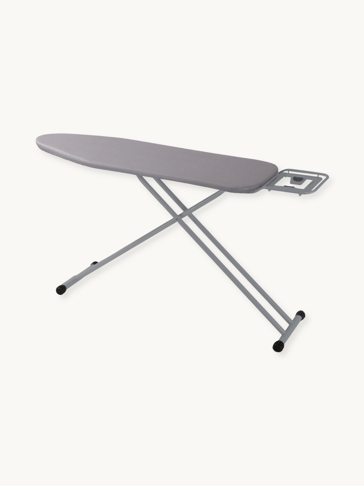 Light grey ironing board angled view, showing tapered padded cover, X-frame steel legs, rubber feet, and iron rest at narr…