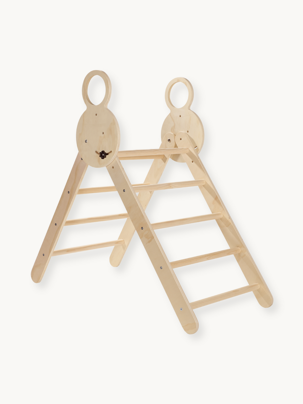 Natural birch wood triangle climbing ladder with attached ramp, circular handle cutouts at top, angled product view on whi…