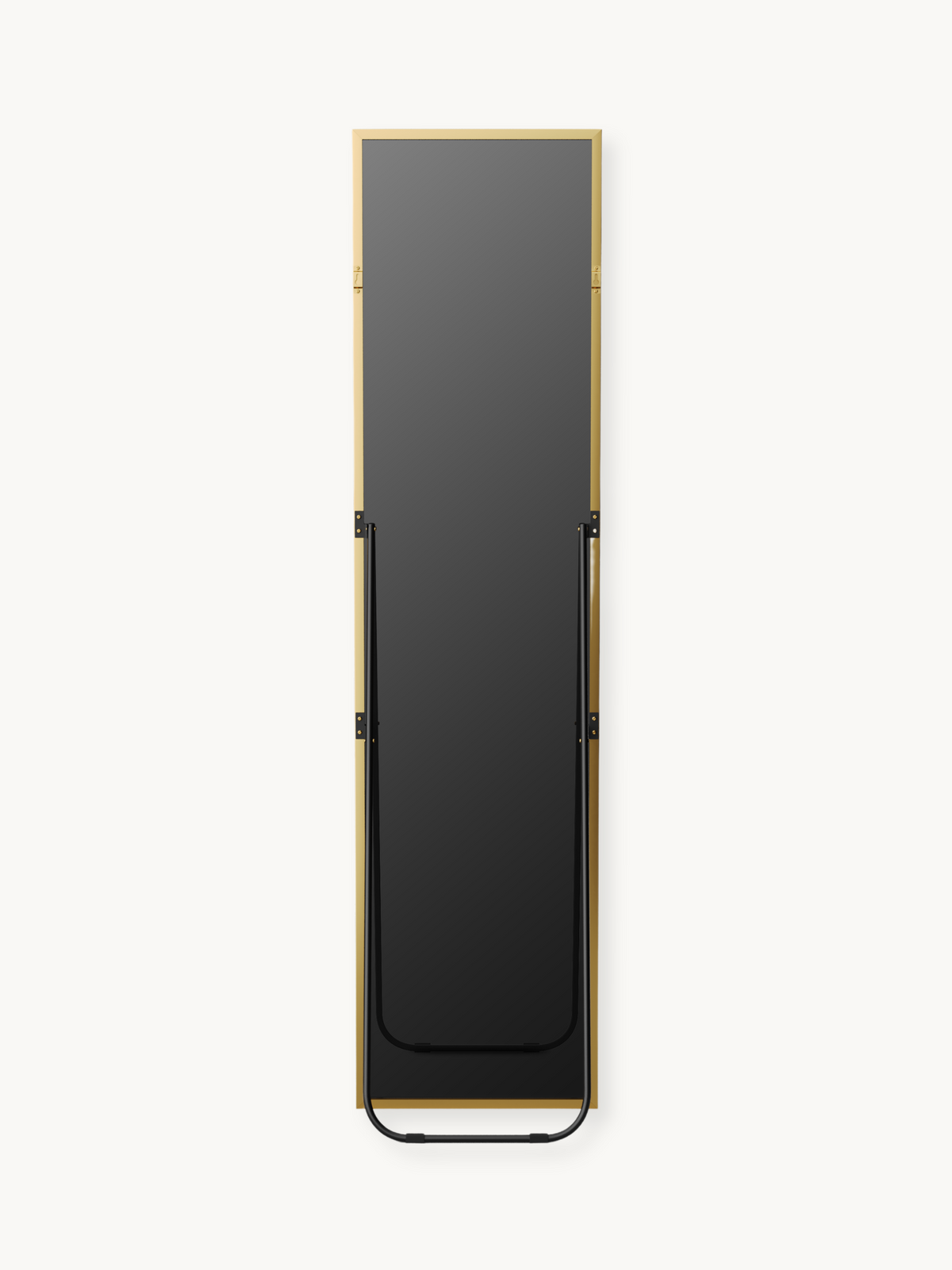 Rear view of full-length Angelo mirror showing black back panel, gold frame edges, black metal floor stand, and wall-mount…