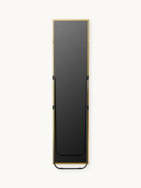 Rear view of full-length Angelo mirror showing black back panel, gold frame edges, black metal floor stand, and wall-mount…
