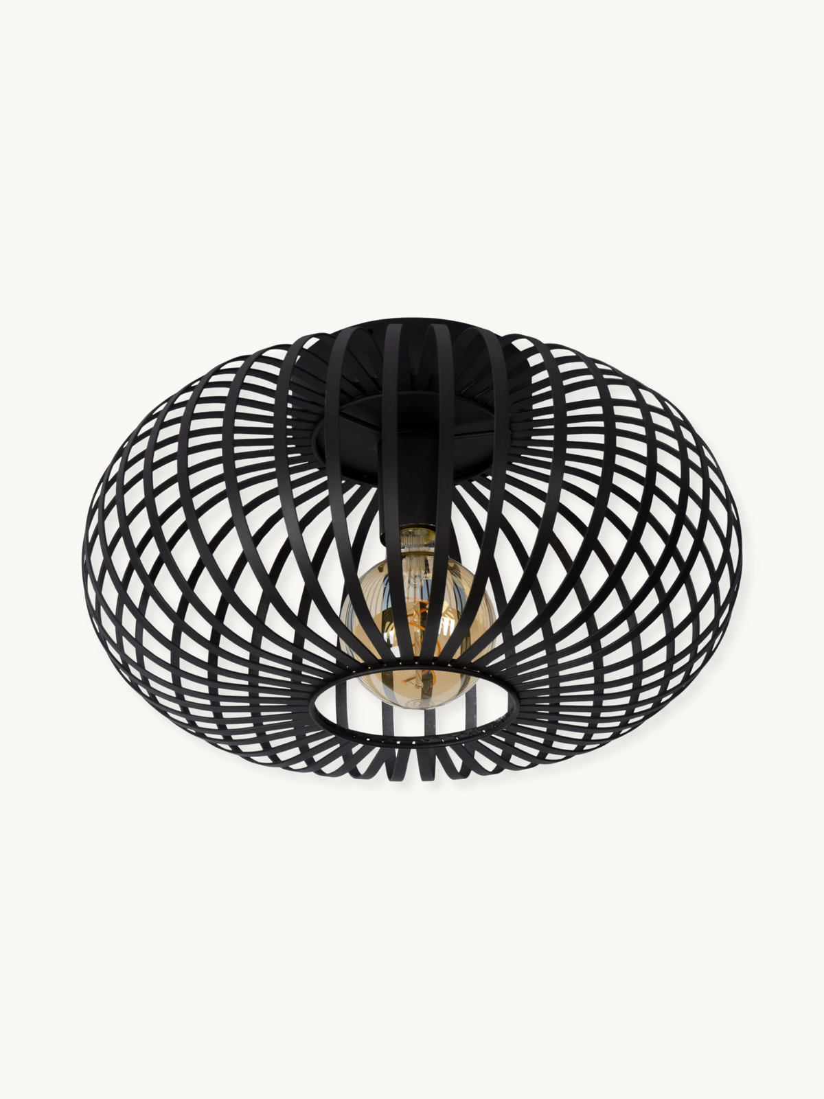Black matte metal wire cage ceiling light, oblate dome shape, angled three-quarter view, unlit amber globe bulb visible in…