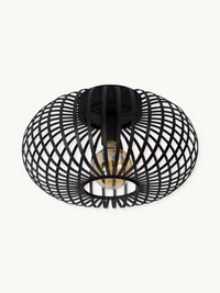 Black matte metal wire cage ceiling light, oblate dome shape, angled three-quarter view, unlit amber globe bulb visible in…