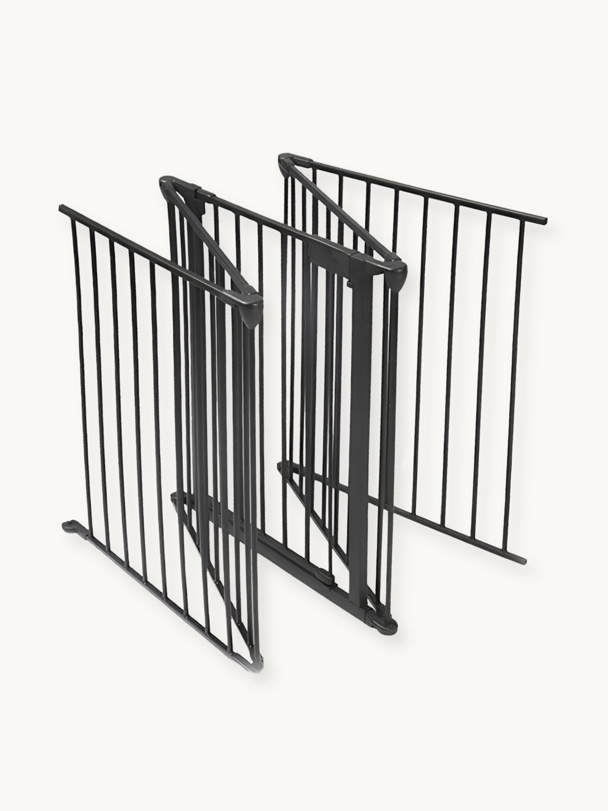 Three black metal freestanding gate panels folded in a zigzag stack, angled three-quarter view showing hinge connectors an…