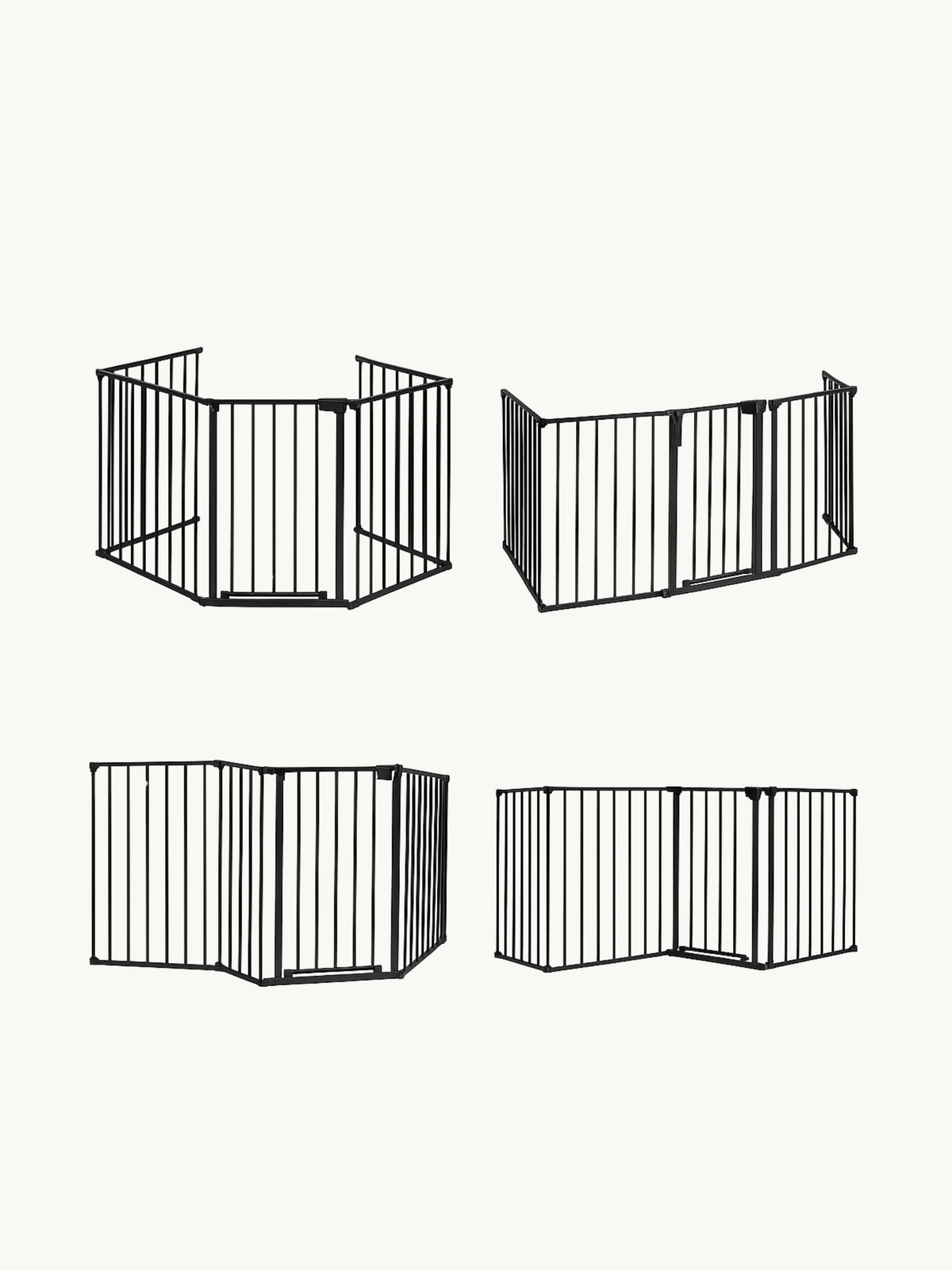 Four black metal safety gate configurations on white background showing different panel arrangements and folding options