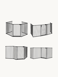 Four black metal safety gate configurations on white background showing different panel arrangements and folding options