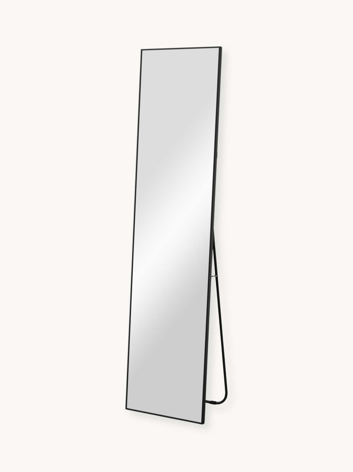 Tall full-length Angelo mirror with slim black aluminium frame, angled view showing rear fold-out kickstand support