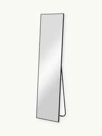 Tall full-length Angelo mirror with slim black aluminium frame, angled view showing rear fold-out kickstand support