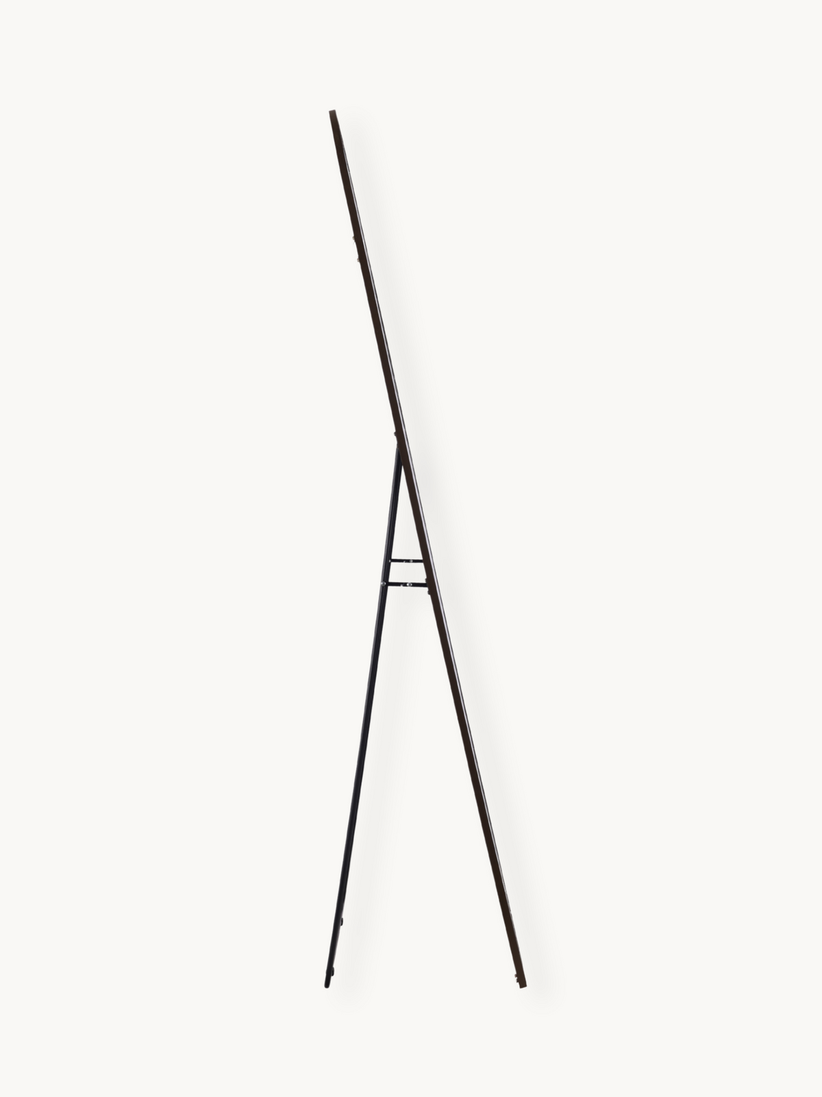 Black metal A-frame easel stand for floor mirror, side profile view, showing tripod legs and centre brace on white background