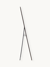 Black metal A-frame easel stand for floor mirror, side profile view, showing tripod legs and centre brace on white background