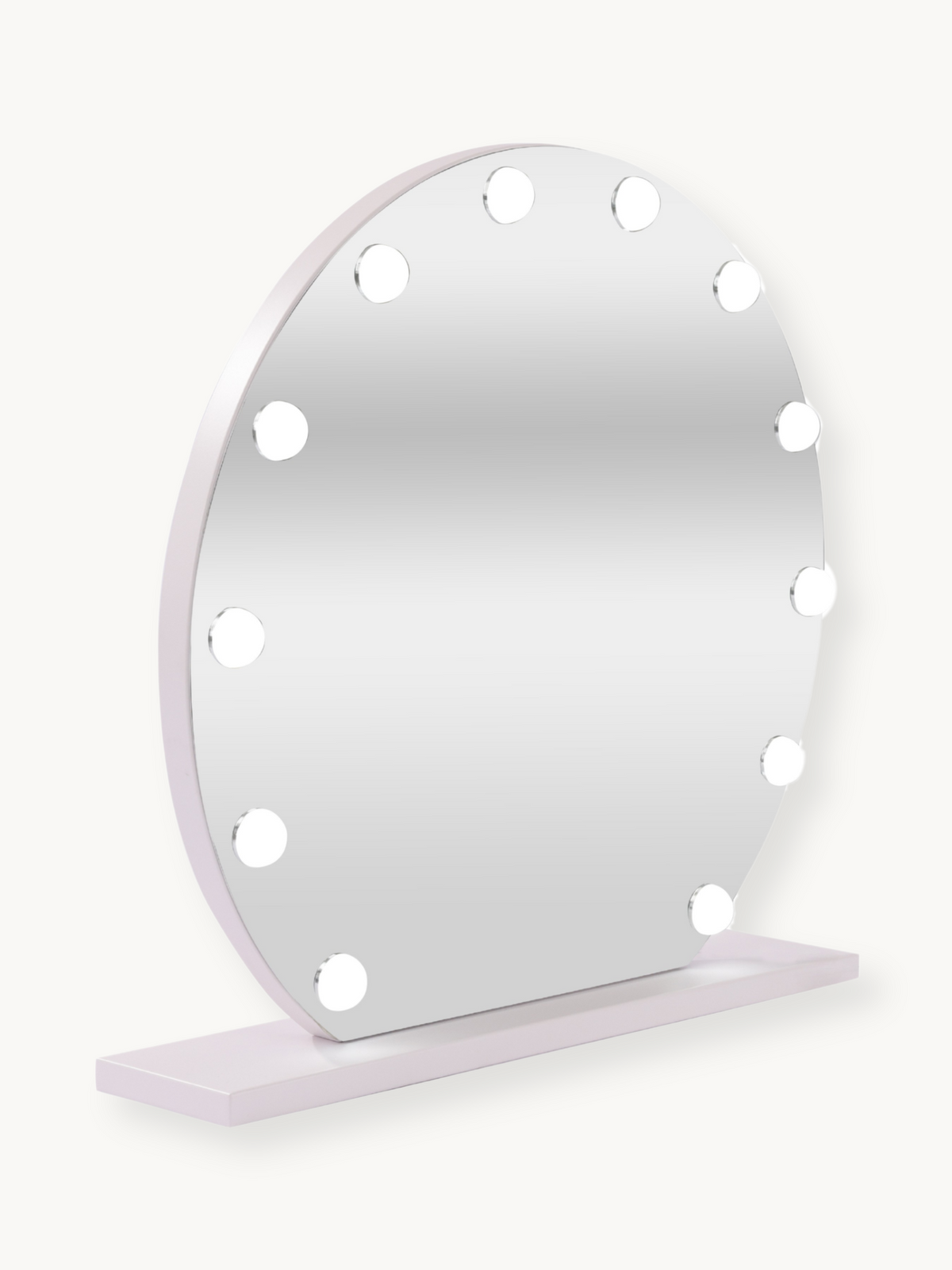 Round white Hollywood vanity mirror with 14 lit bulbs around the edge, angled three-quarter view on a rectangular base, pl…