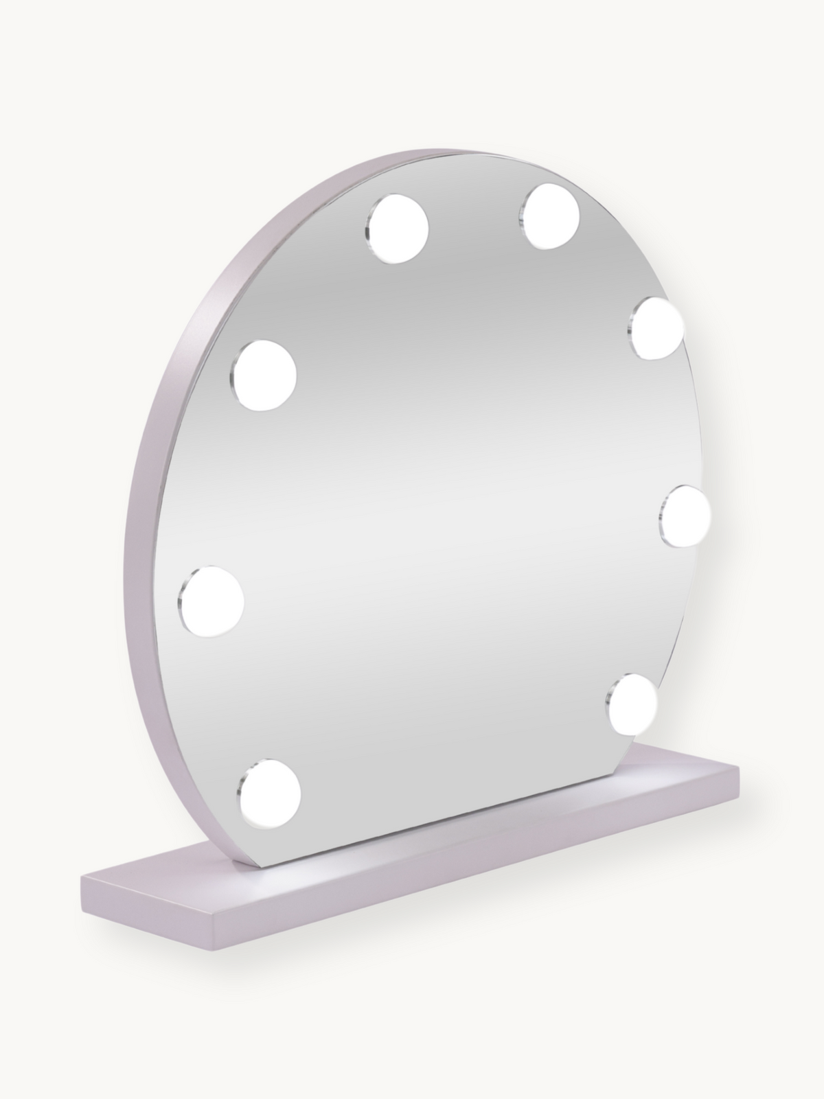 Round white Hollywood vanity mirror with 9 lit LED bulbs, angled three-quarter view showing frame depth and rectangular base