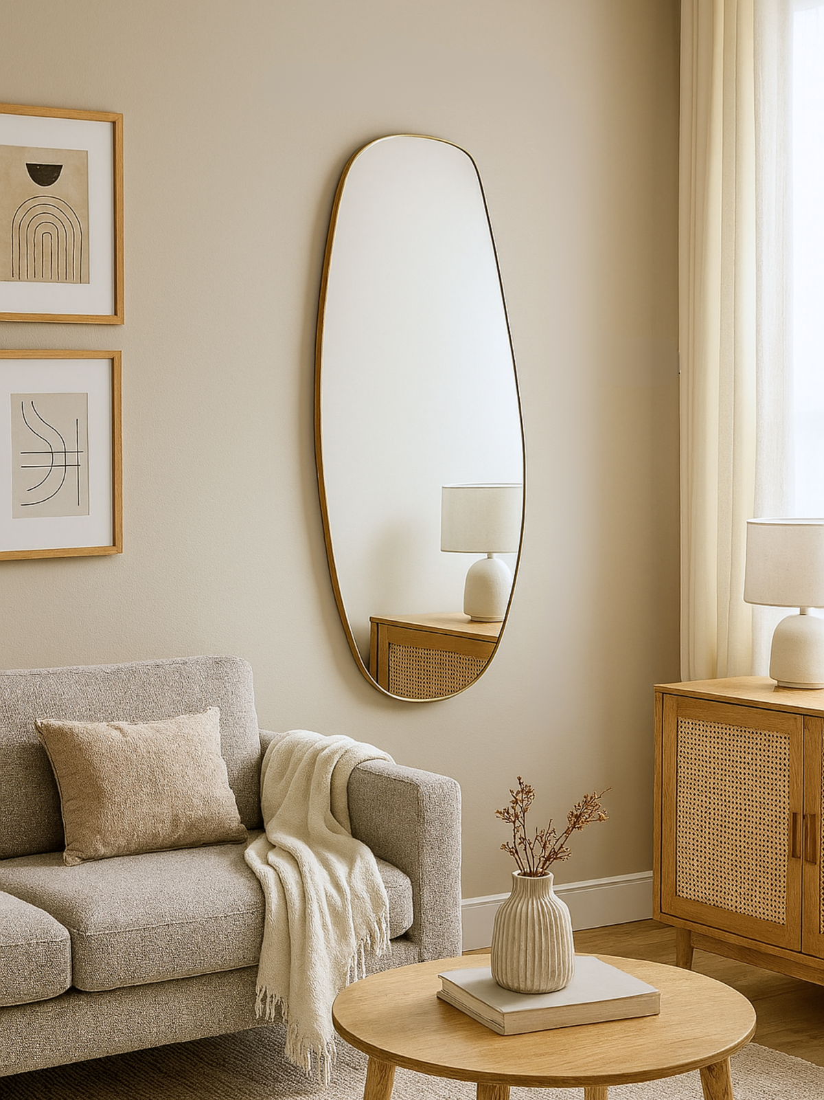 Organic-shaped gold-framed wall mirror hung in a neutral living room beside abstract art prints and a rattan sideboard