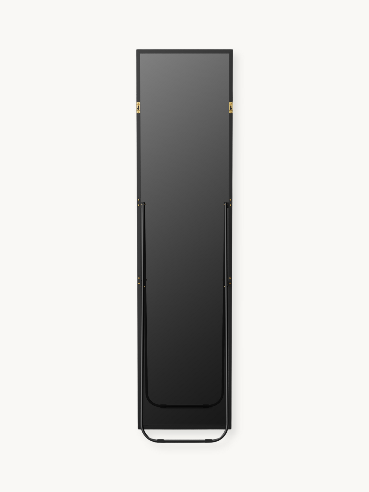 Black full-length mirror rear view showing fold-out stand base, curved bottom rail, and gold wall-mount brackets on slim a…