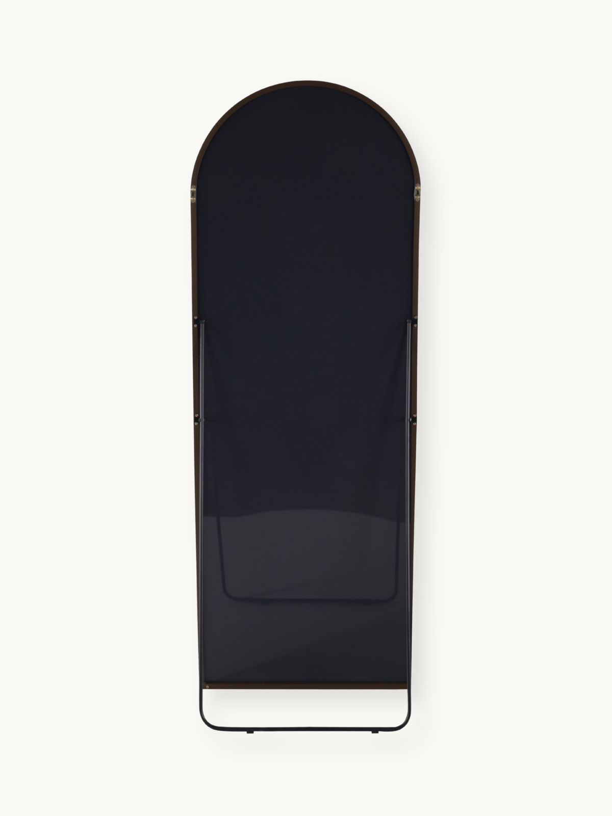 Back view of full-length arched mirror showing dark backing panel, brown aluminium frame, and black metal floor stand base.
