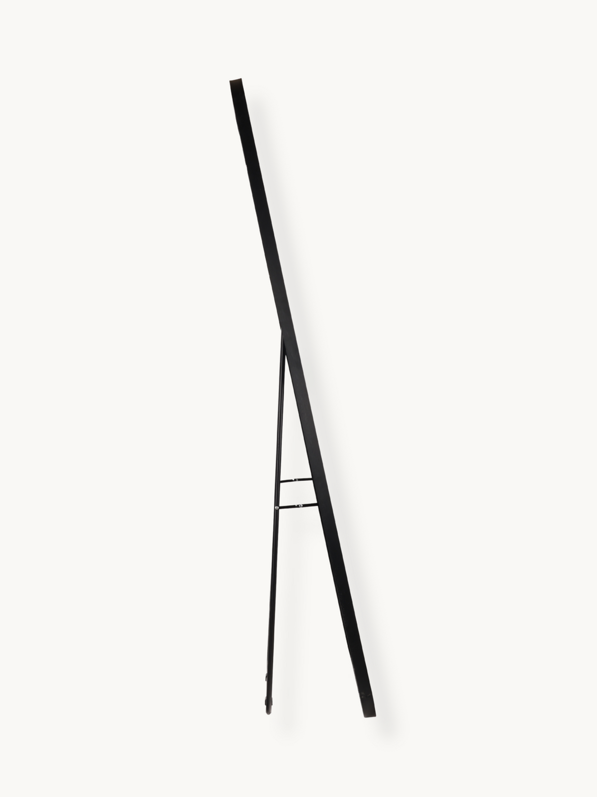 Black aluminium standing mirror easel stand shown from the side, displaying the slim tripod leg structure and crossbar brace
