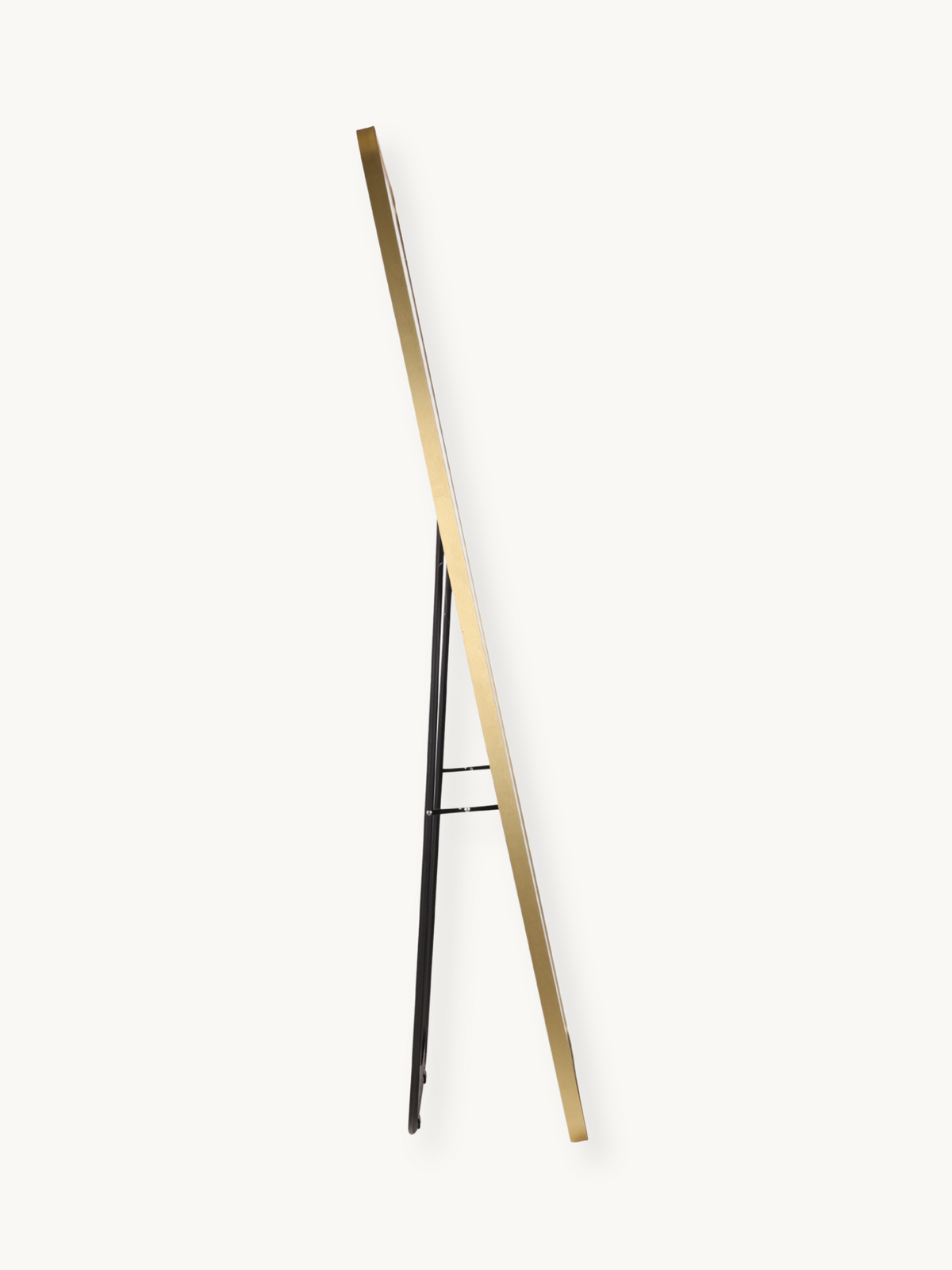 Side profile view of gold aluminium full-length mirror with black metal kickstand extended, white background