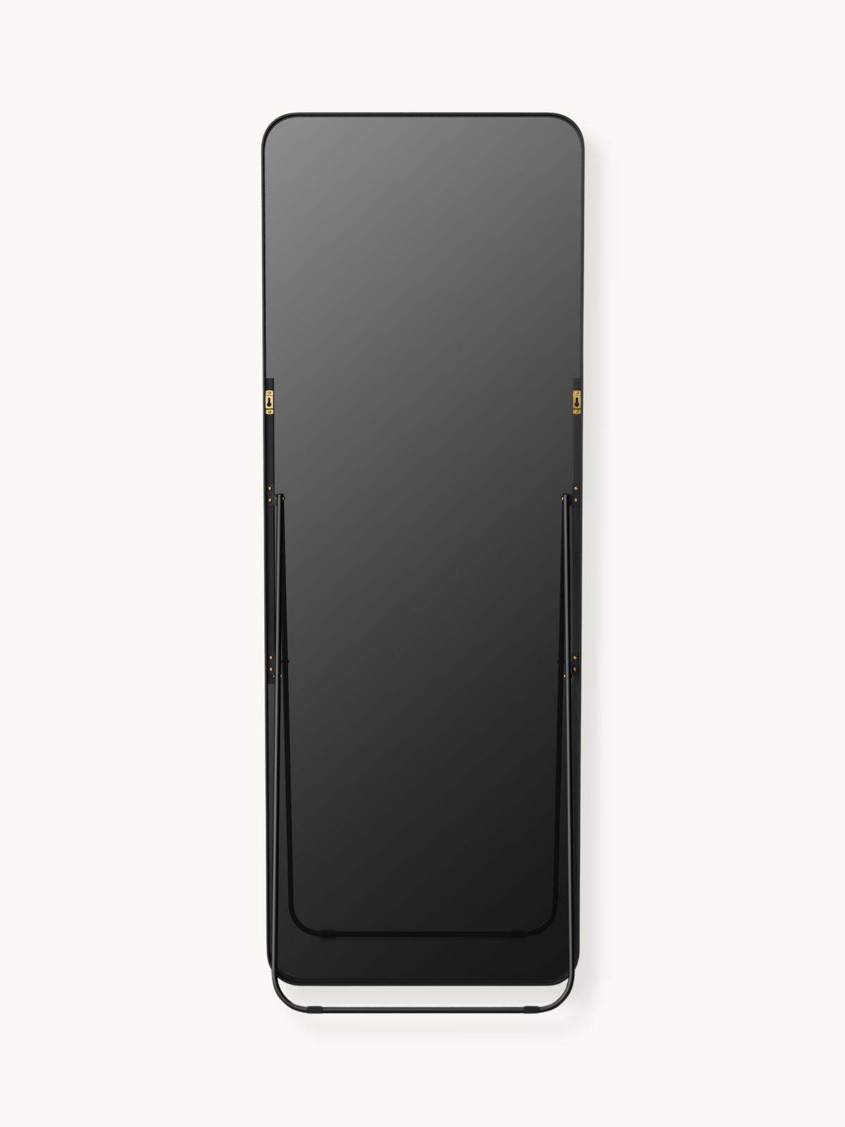 Back view of black aluminium full-length mirror showing gold wall-mount keyholes, frame joints, and base kickstand on whit…