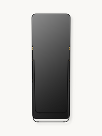 Back view of black aluminium full-length mirror showing gold wall-mount keyholes, frame joints, and base kickstand on whit…