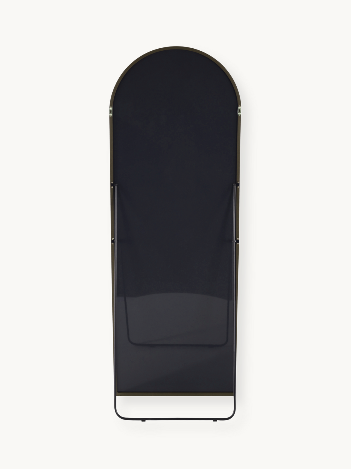 Back view of arched full-length mirror showing black fabric backing, taupe aluminium frame, and black metal base stand