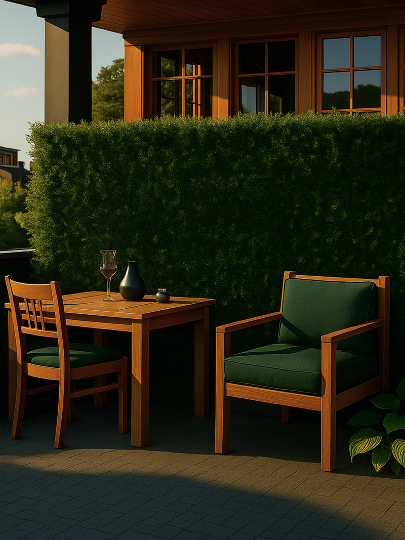 Tiled artificial green ivy hedge panels used as a patio privacy screen behind teak outdoor furniture in a sunlit garden se…