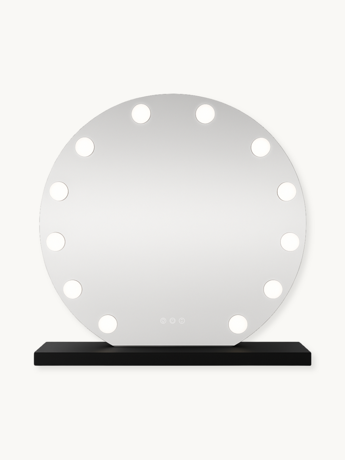 Round Hollywood vanity mirror with 14 lit bulbs around edge, black base, front view on white background
