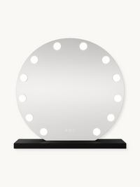 Round Hollywood vanity mirror with 14 lit bulbs around edge, black base, front view on white background