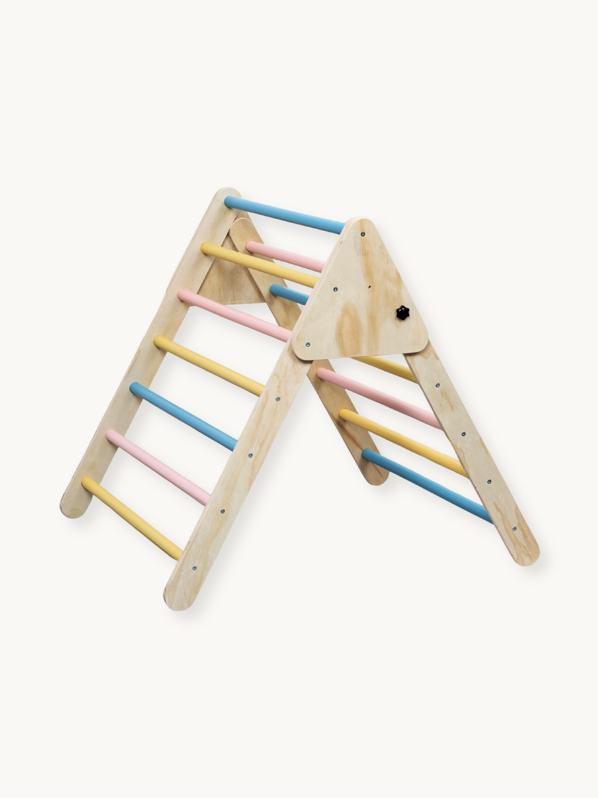 Wooden Pikler triangle climbing frame with pastel blue, pink and yellow rungs, angled product view on white background