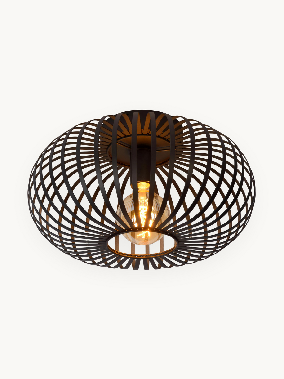 Black metal wire cage ceiling light with globe Edison bulb lit, oblate sphere shape, woven strap pattern, matte finish