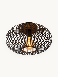 Black metal wire cage ceiling light with globe Edison bulb lit, oblate sphere shape, woven strap pattern, matte finish