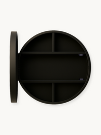 Black round wall cabinet open with door swung left, showing two fixed metal shelves dividing interior into six compartment…
