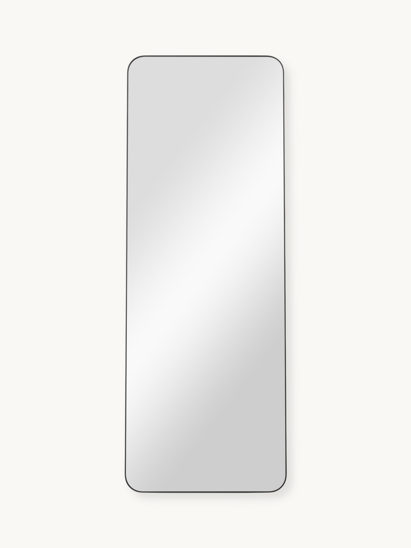 Tall rectangular full-length mirror with thin black rounded-corner aluminium frame, front view on white background