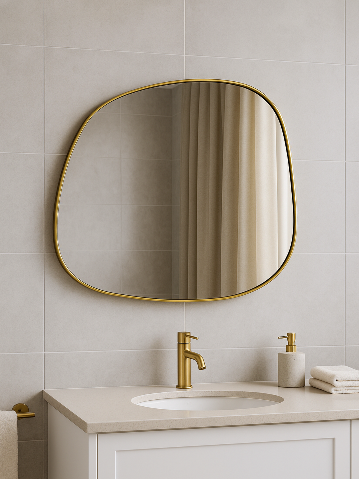 Alaric gold-framed organic mirror mounted above a beige bathroom vanity with brass tap, reflecting curtains in a tiled bat…