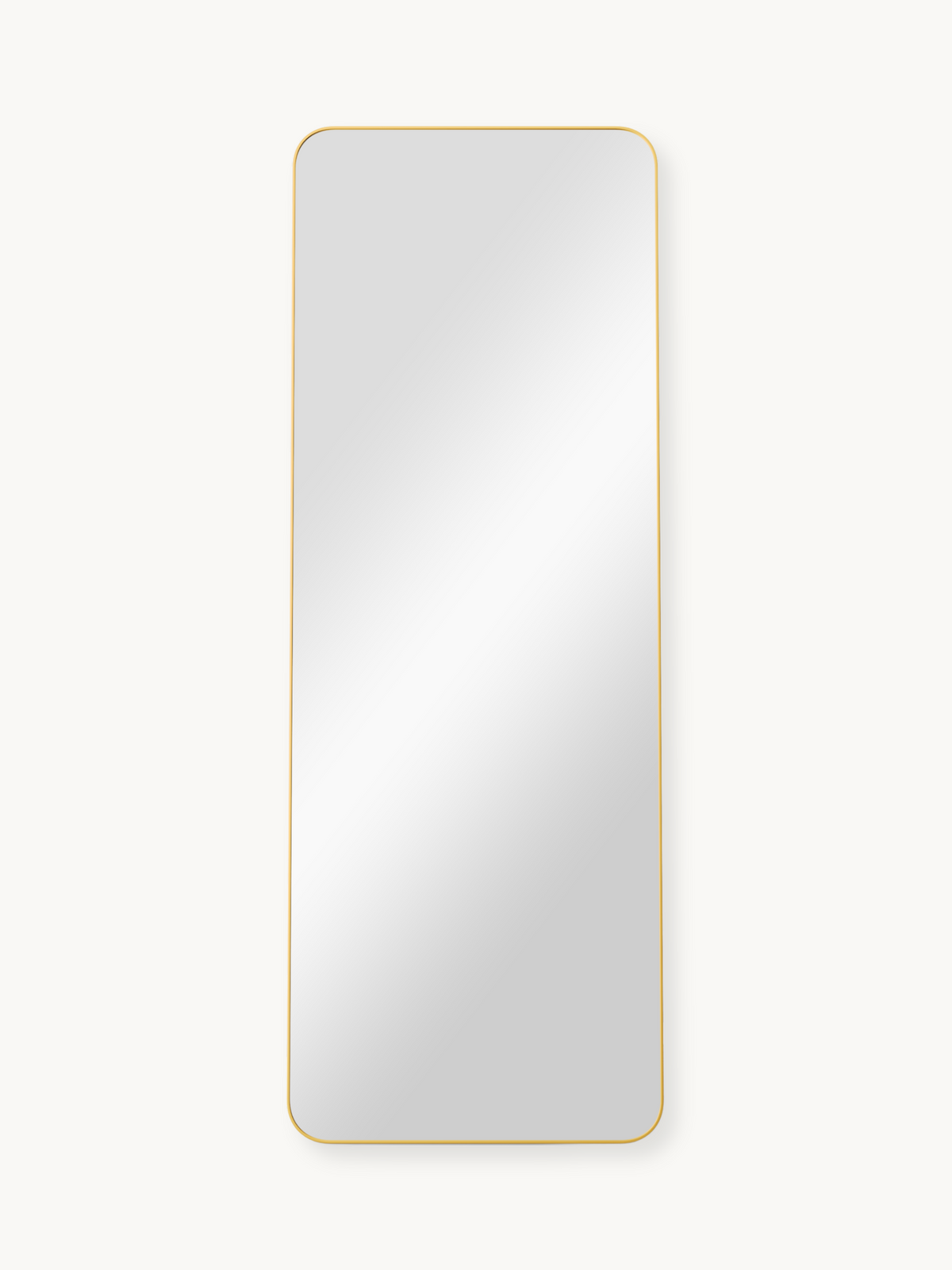 Tall rectangular full-length mirror with slim gold aluminium frame and rounded corners, front view on white background