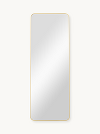 Tall rectangular full-length mirror with slim gold aluminium frame and rounded corners, front view on white background