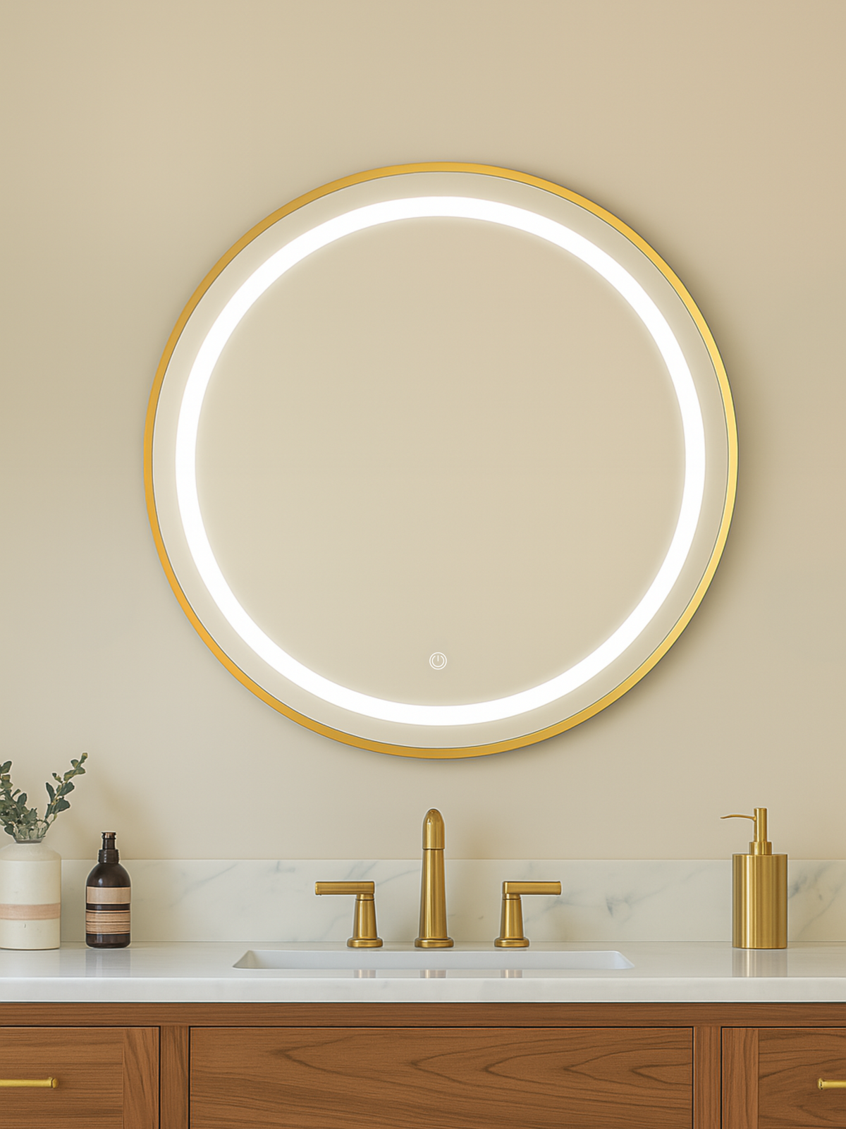 Round gold-framed LED mirror glowing with bright ring light, mounted above marble vanity with brass faucets, front lifesty…