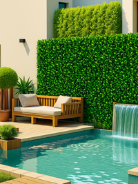Tiled artificial green hedge panels installed as a full privacy wall beside a pool, styled with teak daybed and waterfall…